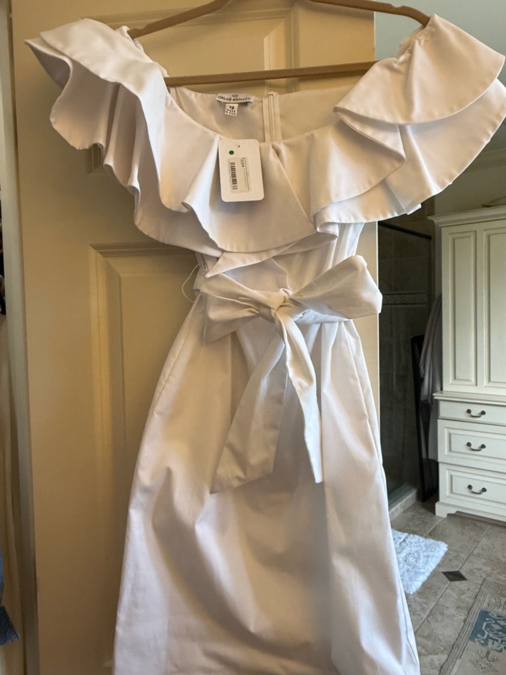 Chloe Kirstyn Off-Shoulder Ruffle White Dress with Waist Tie